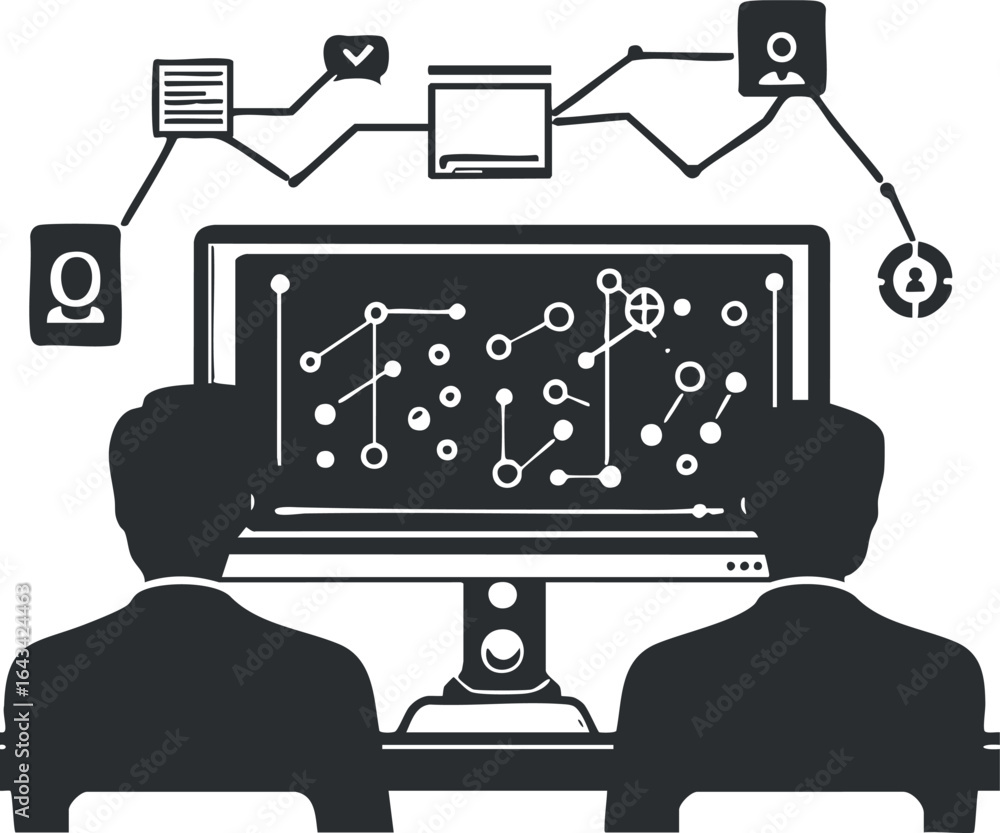 Poster two people analyzing complex data and network connections on a computer monitor for collaboration