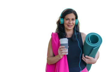 Yoga instructor holding coffee and mat listening to music on transparent background