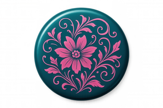 Teal button decorated with embossed pink floral pattern, isolated on transparent background, offering copy space for customization - Powered by Adobe