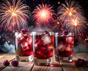 Photo of festive red berry cocktail with ice cubes and mint garnish, enjoyed under a dazzling display of fireworks, creating a magical atmosphere for new years eve or any special occasion