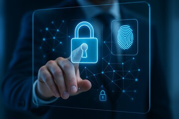 A person's finger touching a digital padlock icon, representing security and access control.