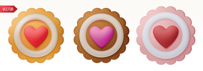 Colorful round cookies set. Heart shaped jam — chocolate strawberry, vanilla. Vector illustration