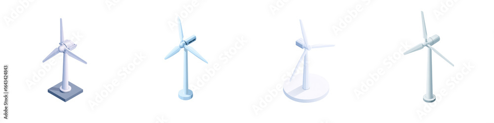 Poster four isolated white wind turbines in different isometric views on a transparent background represent