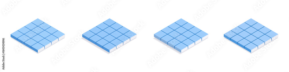 Poster four identical light blue isometric grid blocks are horizontally arranged each displaying a clear gr