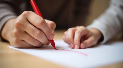Obraz premium Close-up of hands drawing with a red crayon on white paper.