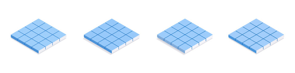 Four identical light blue isometric grid blocks are horizontally arranged each displaying a clear grid pattern transparent background
