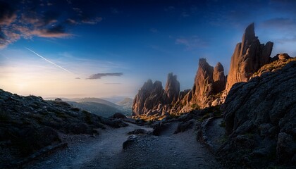exploring a surreal landscape filled with dark crevices and towering rocky formations during twilight hours