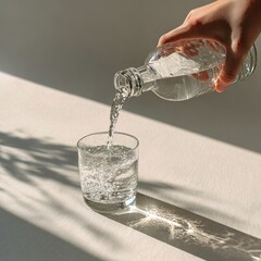 Pouring Clear Water from Glass Bottle
