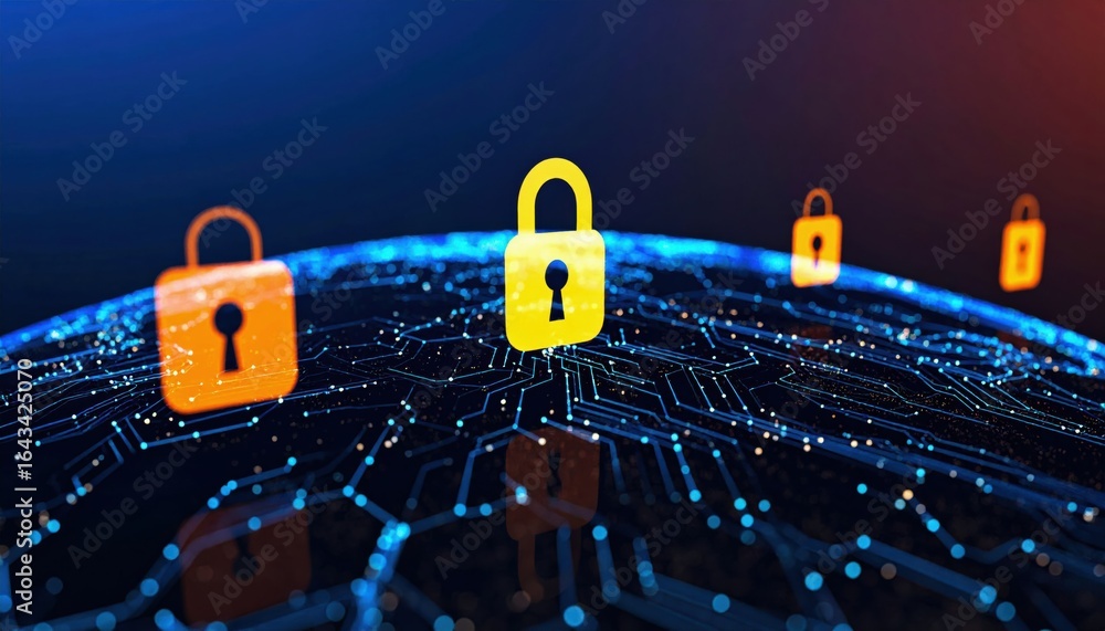 Poster image of glowing digital locks over a network circuit, symbolizing cybersecurity and data protection
