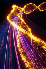Abstract representation of chromosomes glows as yellow and purple light trails, blurred by a long exposure photography effect on a dark background.