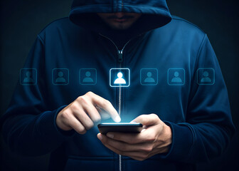 Hooded figure using smartphone with digital user profiles connected
