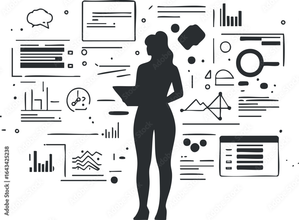 Aufkleber silhouette of businesswoman analyzing various charts graphs and data visualizations on digital scree