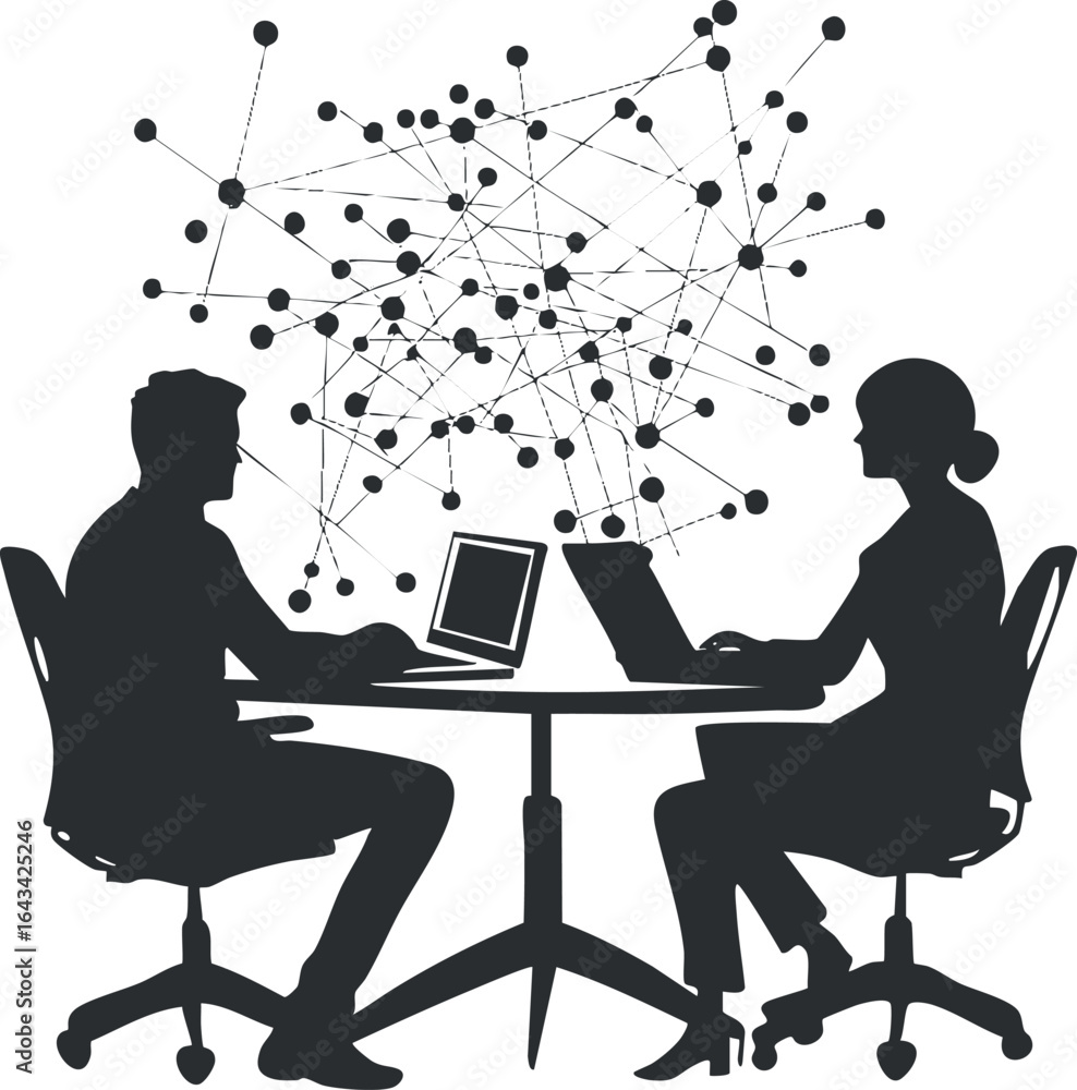 Poster silhouettes of man and woman working on laptops with connected network nodes above them symbolizing 