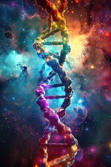 Abstract DNA helix against a colorful nebula. Vibrant macro shot with dynamic composition, showing strands illuminated by cosmic light and sparkling stars.