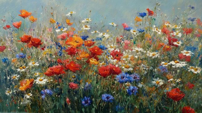 Vibrant floral painting featuring a mix of red, blue, and white wildflowers in a bright, cheerful setting.