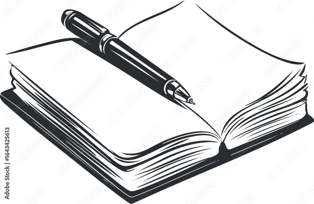 Poster black and white line art illustration of an open notebook with a pen resting on its pages