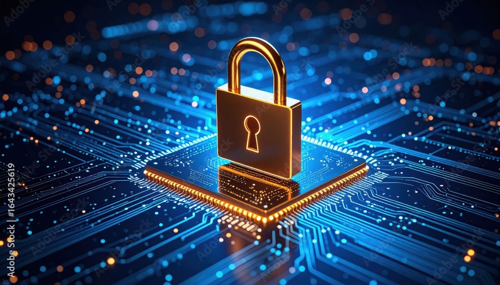 Poster a digital padlock sits on a microchip, symbolizing cybersecurity and data protection in a technologi