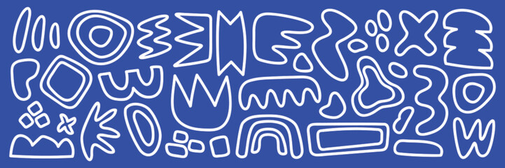 Abstract white line shapes on a blue background. Geometric, abstract, and artistic patterns create a dynamic design. Abstract shapes and lines in white. Funky shapes vector set.
