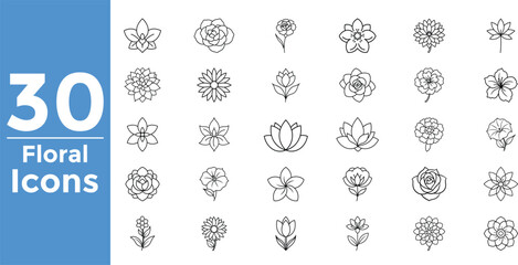 Thirty Floral Icons Line Art Flower Symbols Isolated On White Background illustration