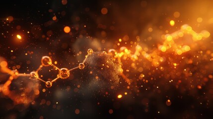 Ethereal macro focus shows abstract chemical bonds glowing brightly amidst fiery orange elements and sparkling particles in dark space.