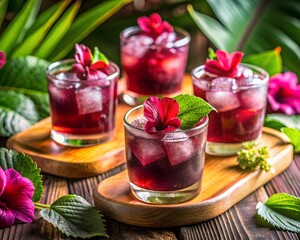 Photo of a refreshing tropical cocktail garnished with a red flower and mint leaves, served in a glass with ice cubes on a wooden platter, perfect for summer parties and celebrations