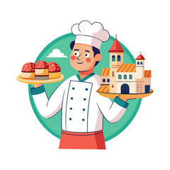 Creative male chef holding a pizza topped with miniature buildings, blending culinary art with urban architecture in unique vector illustration.