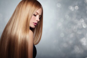 Sensual close-up of a blonde model with long hair and beautiful make-up