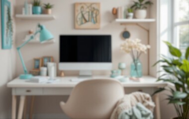 Feminine and chic home workspace with turquoise accessories, MacBook, soft chair, pastel decor, and plant-filled corner.