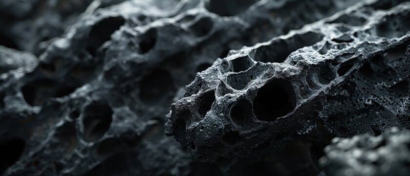 Microscopic activated carbon surface showing porous structure. Dark moody scientific visualization with intricate texture and subtle noise.