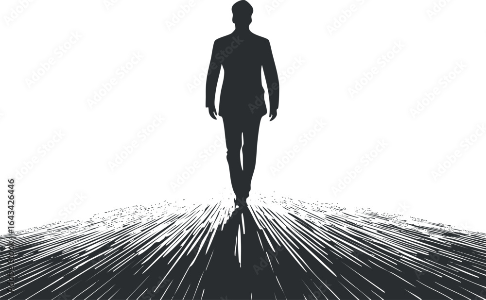 Poster silhouette of a man walking forward casting a long shadow on a textured surface in black and white.