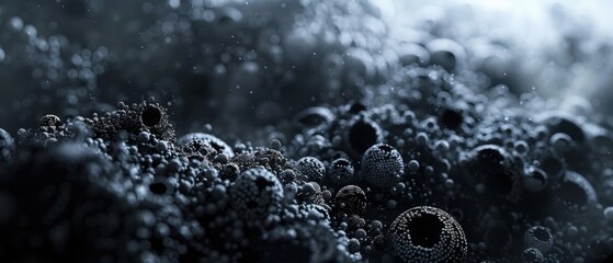 Microscopic visualization of activated carbon's porous surface. Dark moody light illuminates intricate textures and hollow structures, revealing scientific detail with subtle noise.
