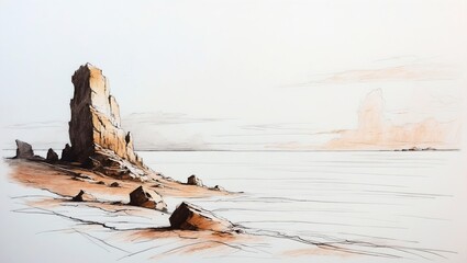 a dramatic rock formation stands tall, casting shadows on a sandy landscape, evoking a sense of the beauty