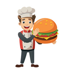 Male chef proudly holding oversized delicious burger in clean vector illustration style, perfect for food, restaurant, and culinary branding