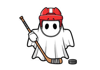 Cute cartoon ghost playing ice hockey, wearing a red helmet and holding a stick. Adorable spooky sports mascot character illustration for Halloween.