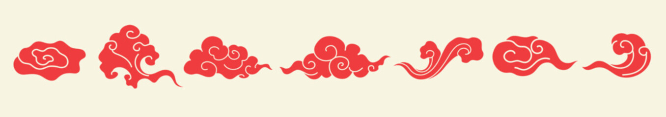 Red cloud motifs in various swirling designs. Decorative red clouds with swirling patterns. Red cloud illustrations in a traditional style. Chinese weather elements, vector set.