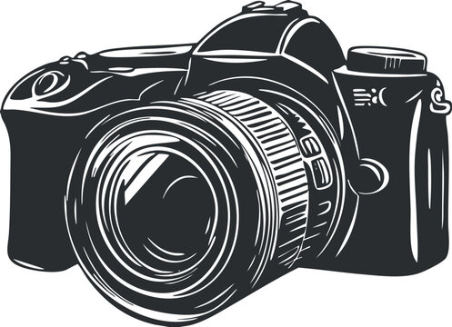 Black and white illustration of a digital single-lens reflex camera with detailed lens and controls