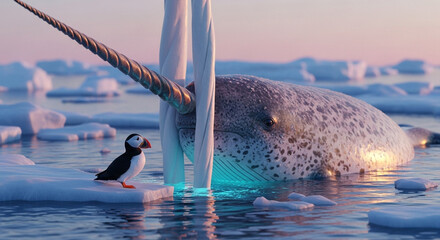  Close-up of a colossal narwhal’s spiraled tusk breaking through the crystalline Arctic ice at sunrise, with a vibrant puffin perched at its base under the pastel glow of a polar dawn, surrounded