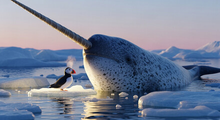  Close-up of a colossal narwhal’s spiraled tusk breaking through the crystalline Arctic ice at sunrise, with a vibrant puffin perched at its base under the pastel glow of a polar dawn, surrounded