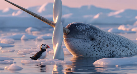  Close-up of a colossal narwhal’s spiraled tusk breaking through the crystalline Arctic ice at...