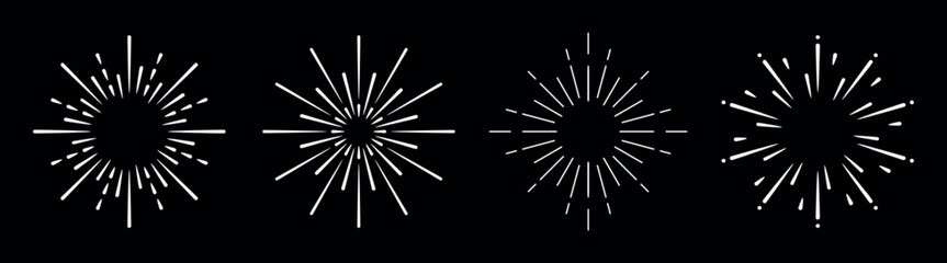 Four white starburst patterns on a black background. Starburst designs radiate outward. Each starburst is unique, creating a dynamic starburst effect. Festive elements, vector set.