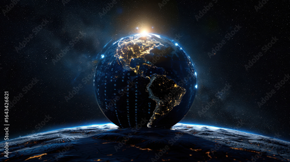 Poster stunning view of earth from space, showcasing illuminated continents and digital overlay of binary c