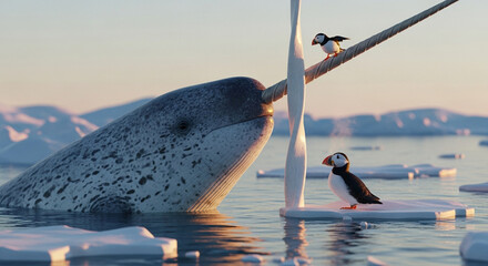  Close-up of a colossal narwhal’s spiraled tusk breaking through the crystalline Arctic ice at sunrise, with a vibrant puffin perched at its base under the pastel glow of a polar dawn, surrounded