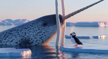  Close-up of a colossal narwhal’s spiraled tusk breaking through the crystalline Arctic ice at sunrise, with a vibrant puffin perched at its base under the pastel glow of a polar dawn, surrounded
