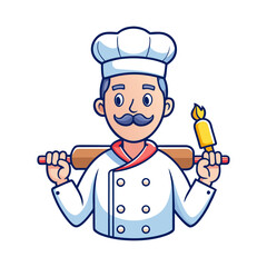 Playful male chef holding a rolling pin like a guitar, creative cooking concept, fun culinary art, professional kitchen illustration