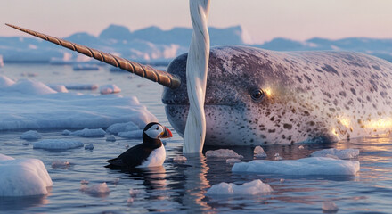  Close-up of a colossal narwhal’s spiraled tusk breaking through the crystalline Arctic ice at...