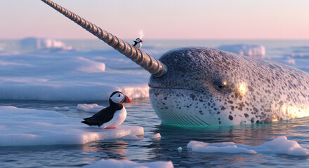  Close-up of a colossal narwhal’s spiraled tusk breaking through the crystalline Arctic ice at sunrise, with a vibrant puffin perched at its base under the pastel glow of a polar dawn, surrounded