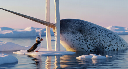  Close-up of a colossal narwhal’s spiraled tusk breaking through the crystalline Arctic ice at sunrise, with a vibrant puffin perched at its base under the pastel glow of a polar dawn, surrounded