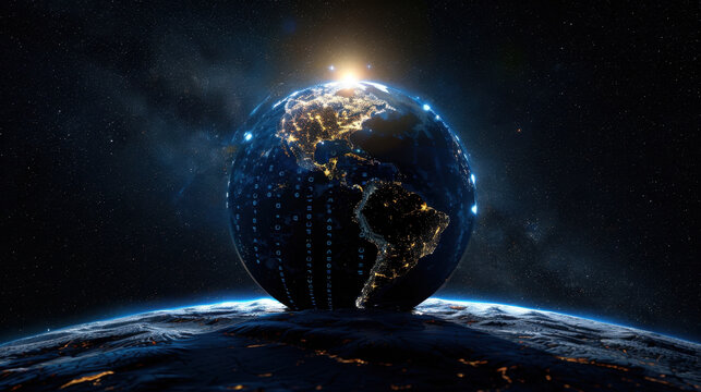 Stunning view of Earth from space, showcasing illuminated continents and digital overlay of binary code, symbolizing technology and connectivity. scene captures beauty of our planet against starry