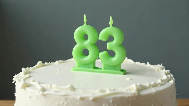Celebratory birthday cake with vibrant green candles displaying the age eighty-three.