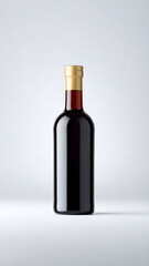 Single transparent glass wine bottle with label against a clean background